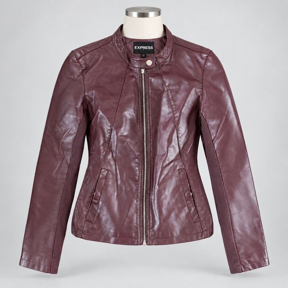 Express Moto Jacket Womens S Burgundy Maroon Knit Ribbed Panel Stretch Panels